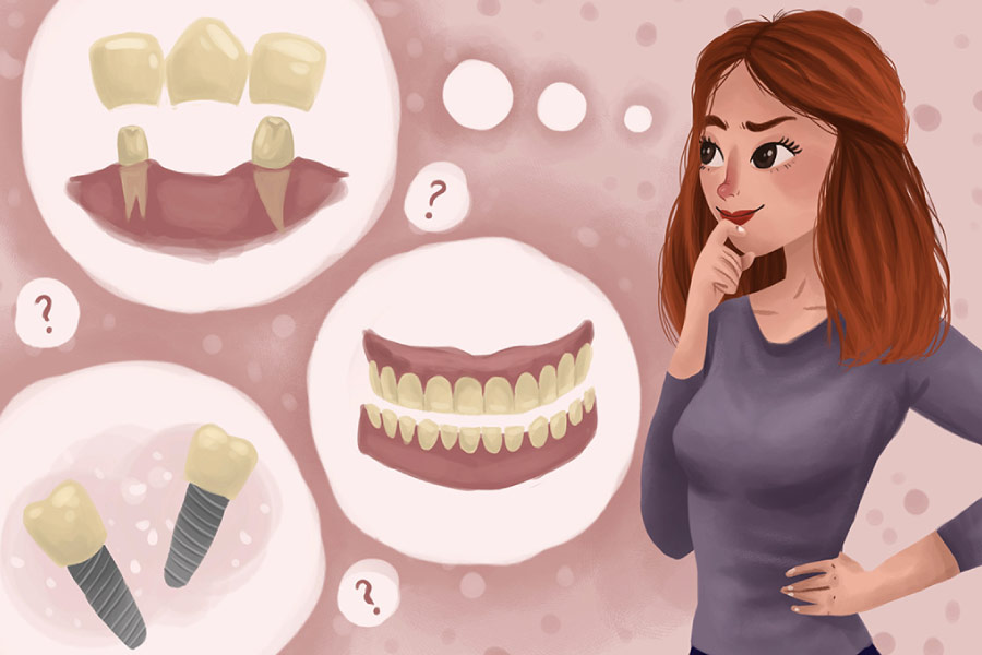 Cartoon with a woman thinking about and choosing between dental implants, dental bridges or dentures 