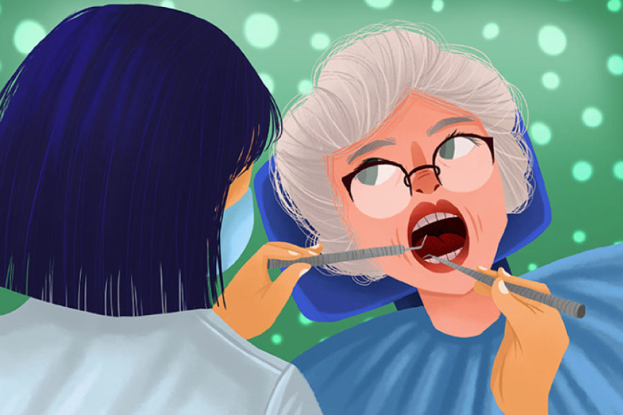 Cartoon of a white haired woman getting a dental exam.
