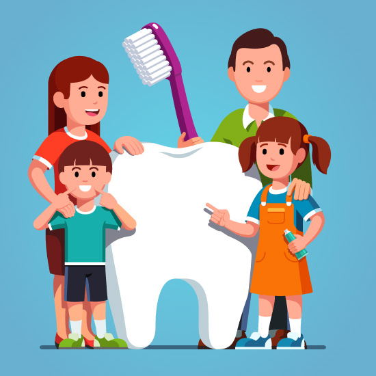 Cartoon family of four standing next to an oversized tooth and toothbrush.