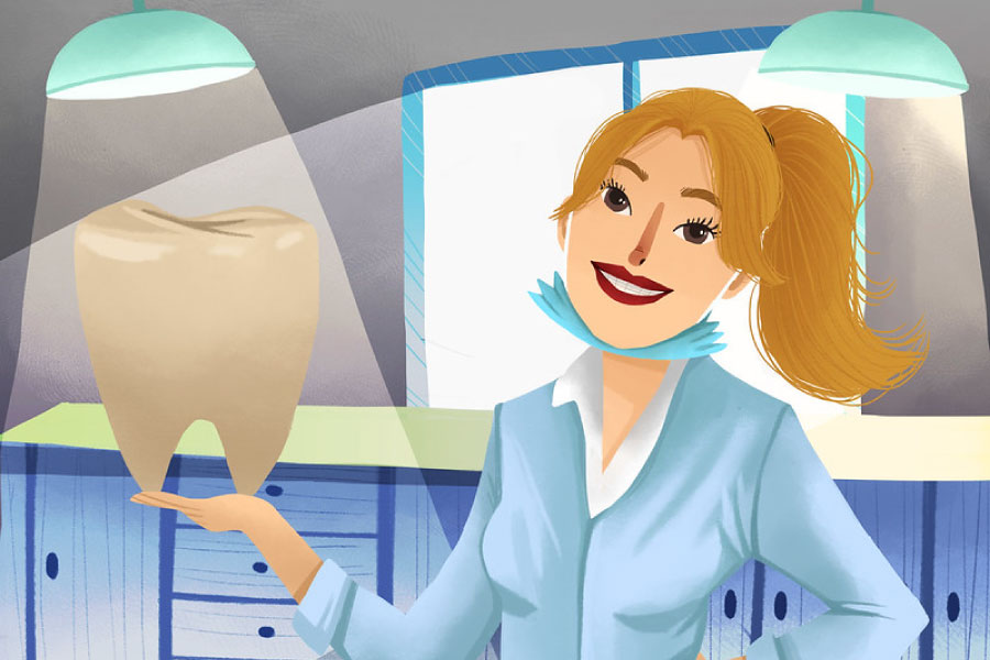 Smiling cartoon dentist holds an oversized tooth.
