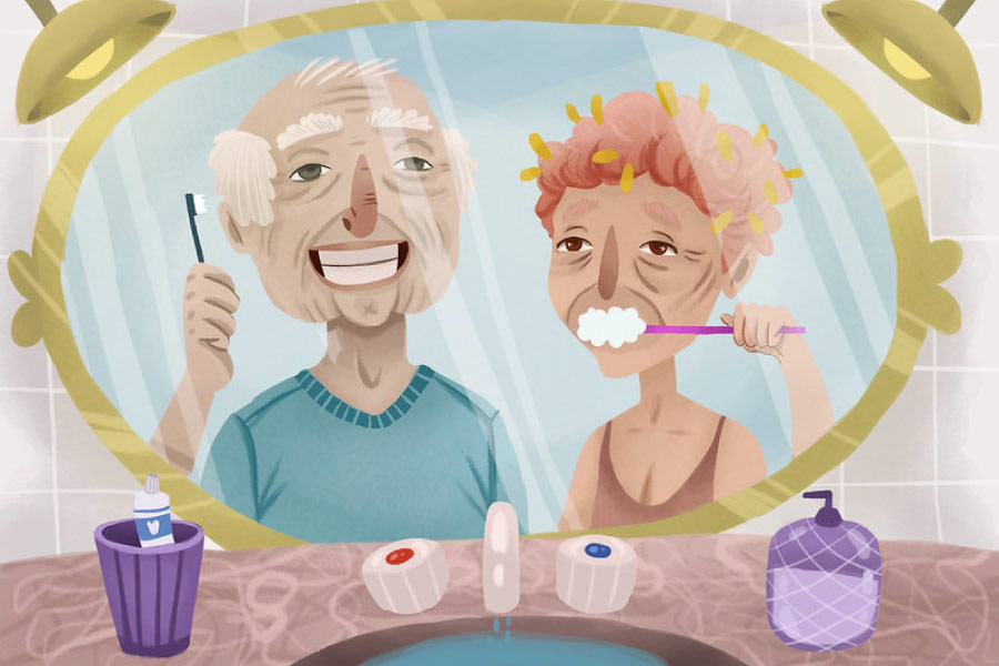 Cartoon of an elderly couple brushing their teeth in front of the bathroom mirror.