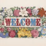 Red and blue WELCOME text surrounded by florals on a beige background