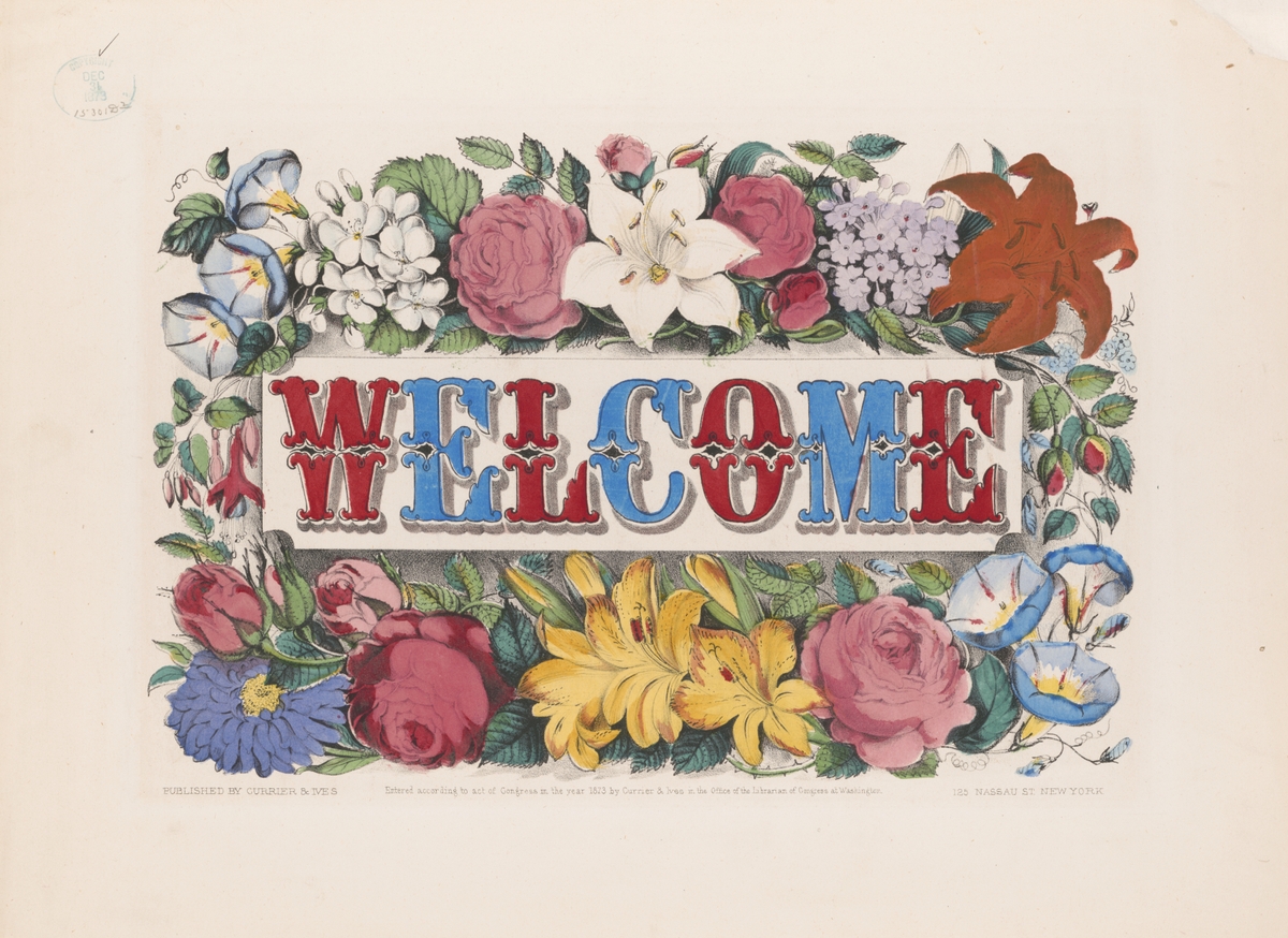 Red and blue WELCOME text surrounded by florals on a beige background