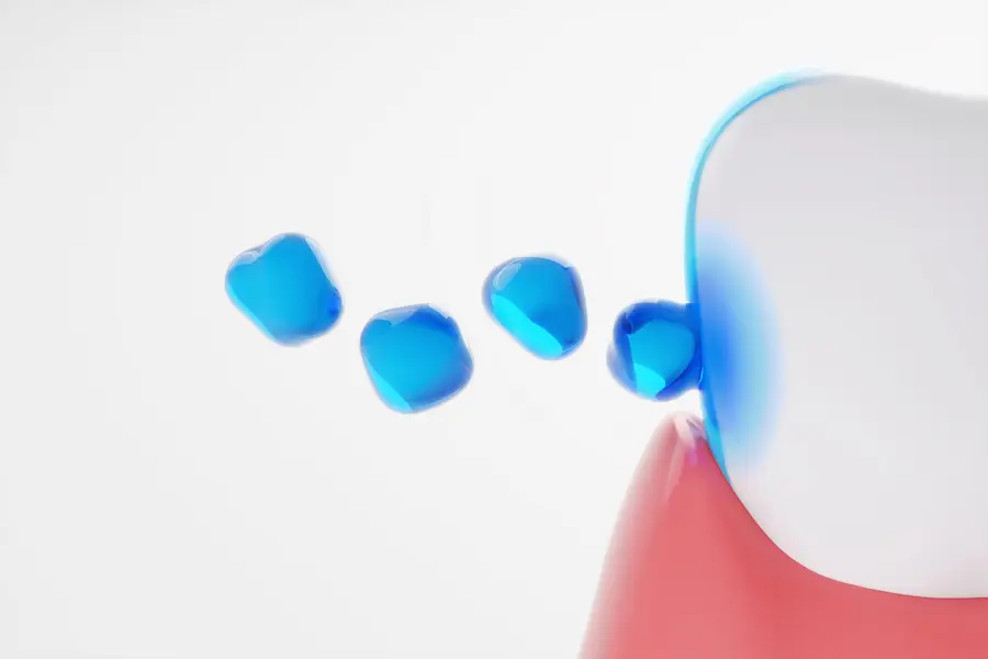 Blue fluoride bubble coating teeth and bright teeth to healthy white. Teeth and gums protection, toothpaste and mouthwash concept. 3D rendering. fluoride in foods